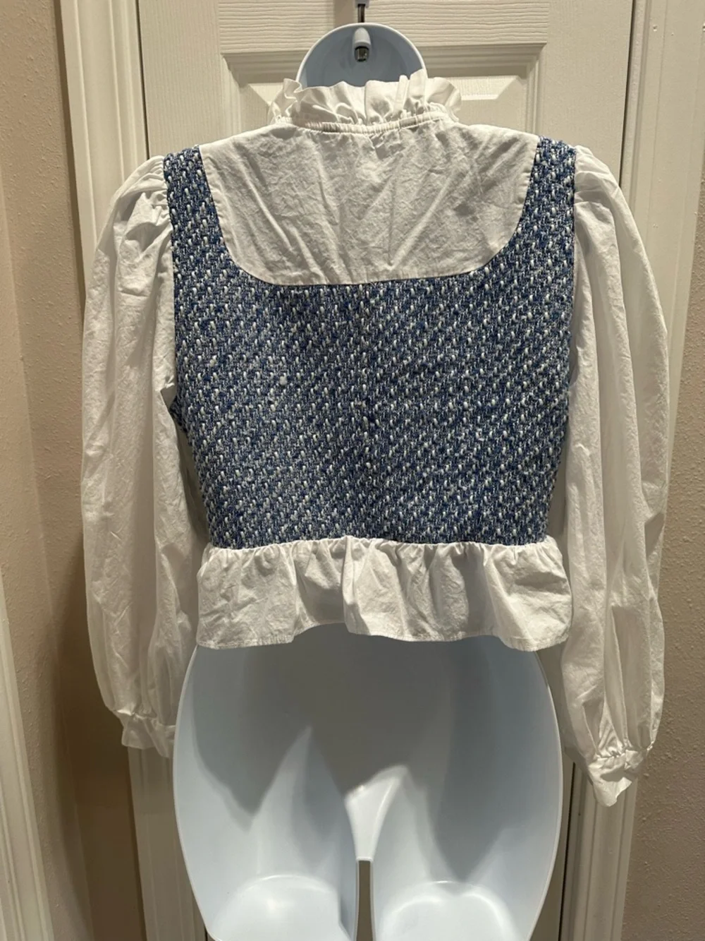 Zara White Blouse with Blue Tweed Cropped Bodice
